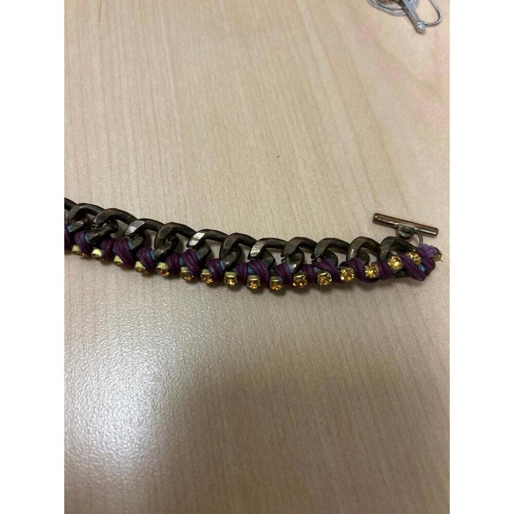Unique Purple Threaded Heavy Metal Chain Bracelet with Orange Rhinestones